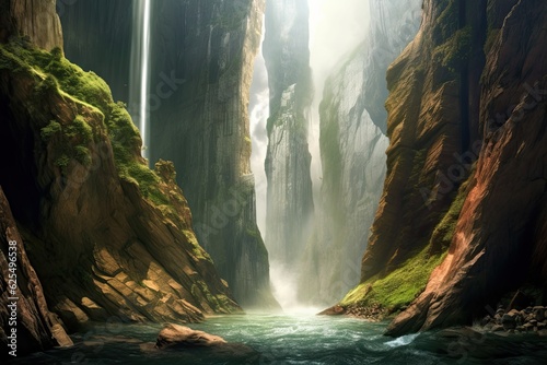 Nature's Magnificence: Towering Waterfall in a Deep Gorge - Majestic Background, generative AI