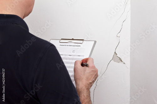 Rental damage concept: man with GERMAN inspection checklist in front of a white wall with a long crack or rip and a piece of plaster missing, .