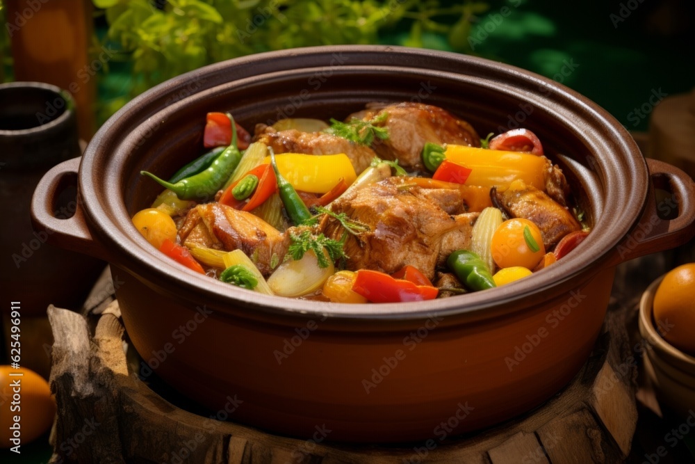 Stewed Pork in a clay pot, surrounded by colorful summer vegetables Stewed Pork in a clay pot, surrounded by colorful summer vegetables