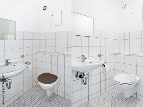 Home staging or home improvement concept: washroom, wc, lavatory or toilet with white tiles: grimy before and tidy after renovation and cleaning. photo