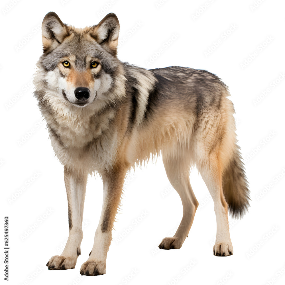 Wolf looking forward full body shot on transparent background cutout - Generative AI