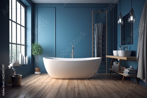 a contemporary bathroom with a bathtub on the wooden floor in a barren room interior background home designs  the bathtub in front of an empty blue wall object home decorating. Generative AI