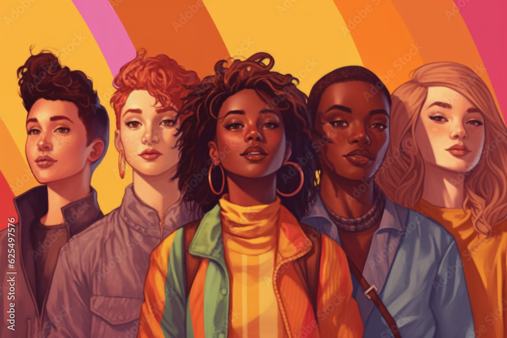 Group of young people, multicolored image, concept of diversity. Generative AI
