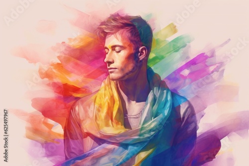 Young man with rainbow flag on white background. Watercolor style. Generative AI