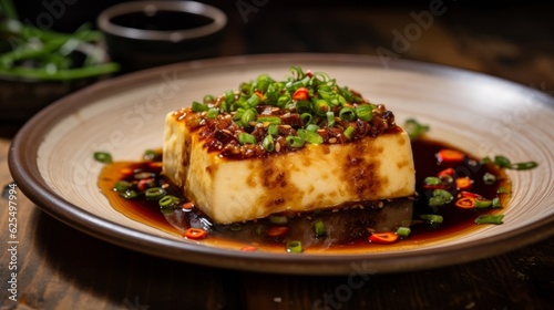 Steamed Stuffed Tofu, glistening with savory soy sauce, garnished with spring onions and red chili flakes, set against a rustic wooden background