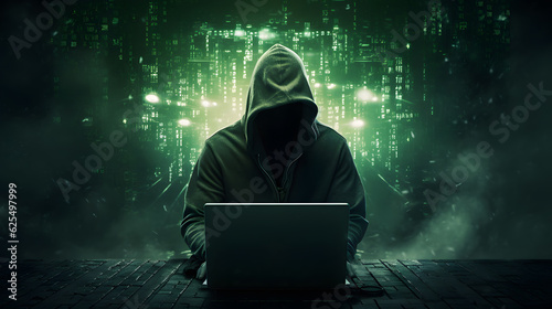 Cyber security concept. Cyber crime hacker with laptop. Abstract binary code digital interface.