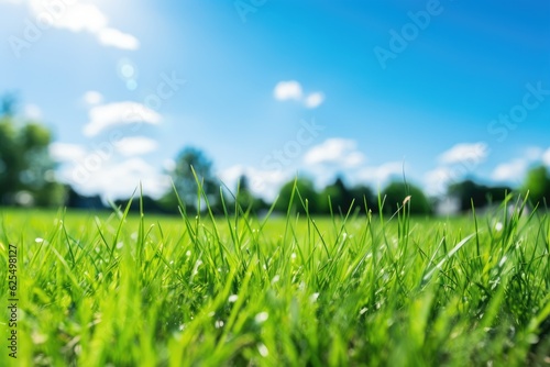 The image showcases a sunny day with a close up view of a lush green lawn. The background features a vibrant blue sky, with the focus intentionally placed on specific elements.
