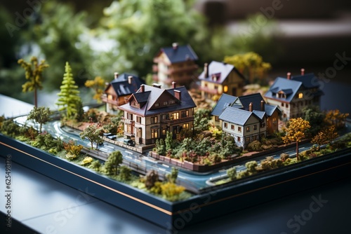 Miniature of the city with houses and trees. Selective focus. Generative AI technology.