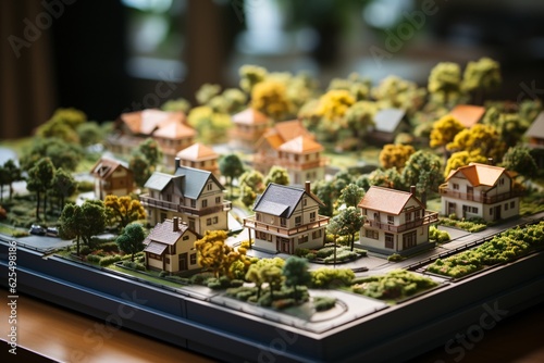 Miniature of the city with houses and trees. Selective focus. Generative AI technology.
