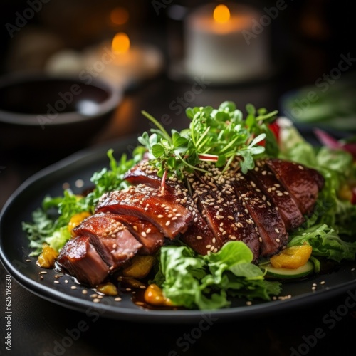 Tea-Smoked Duck with its crispy skin, garnished with sesame seeds and side salad