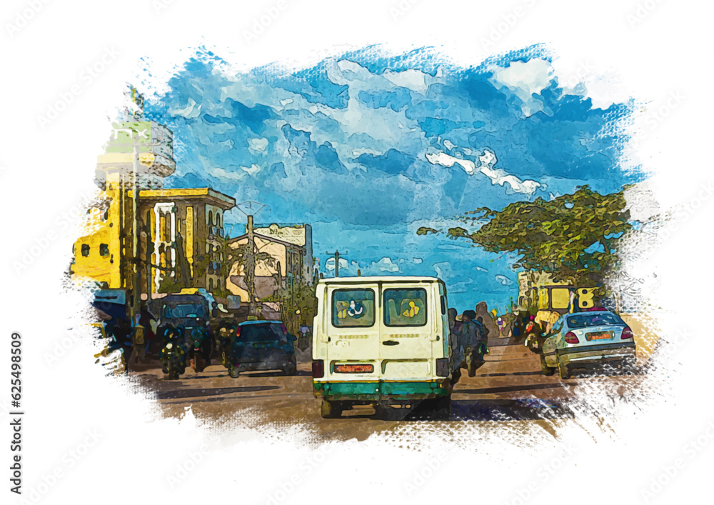 watercolor painting illustrating road traffic in yaounde, Cameroon watercolor painting illustrating road traffic in yaounde, Cameroon