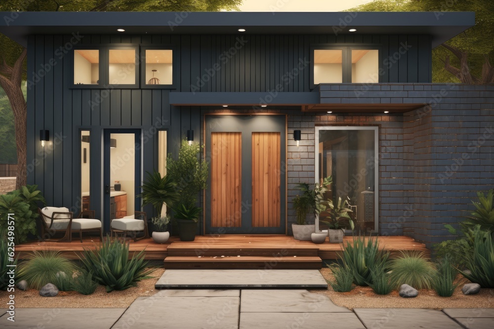 The outside of a modern, contemporary, and cozy house features a welcoming front porch, a trendy entrance door, a neatly paved yard, and windows adorned with shutters. The outside of a modern, contemporary, and cozy house features a welcoming front porch, a trendy entrance door, a neatly paved yard, and windows adorned with shutters.