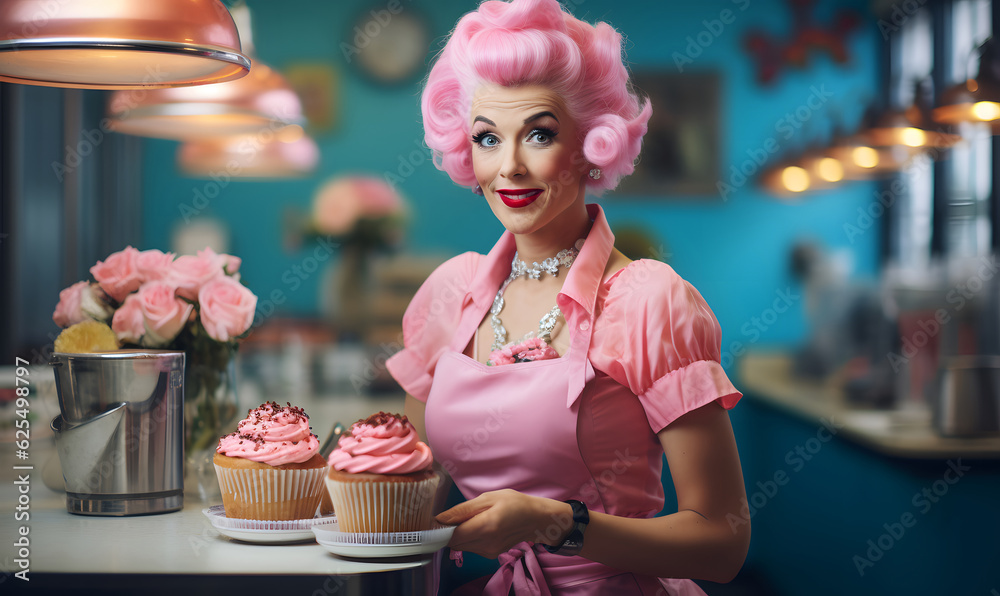 Fast food restaurant from the fifties, the waitress with pink hair in the foreground serves desserts, retro nostalgia style. Fast food restaurant from the fifties, the waitress with pink hair in the foreground serves desserts, retro nostalgia style.