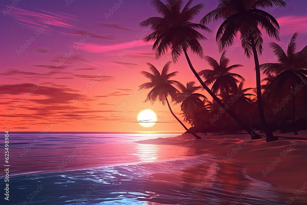 Tranquil Beach at Sunset: Gentle Waves, Silhouette of Palm Trees in Serene Background, generative AI