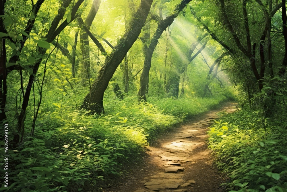 Naklejka premium Tranquil Forest Path: Filtering Sunlight Through Canopy for Serene Nature's Serenity, generative AI
