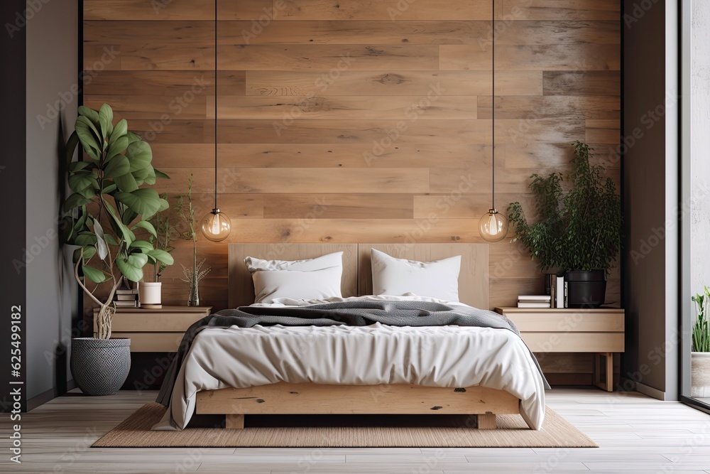 Obraz premium A actual photo with copy space is displayed on the wall in a beautiful bedroom with a comfy double bed, plants, and a bedside table. Generative AI