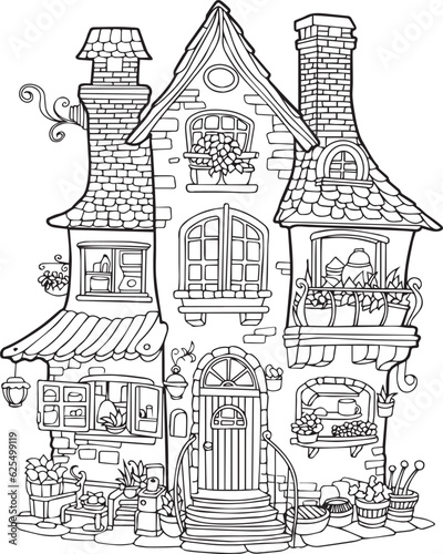 A magical fairy tale house. Coloring book