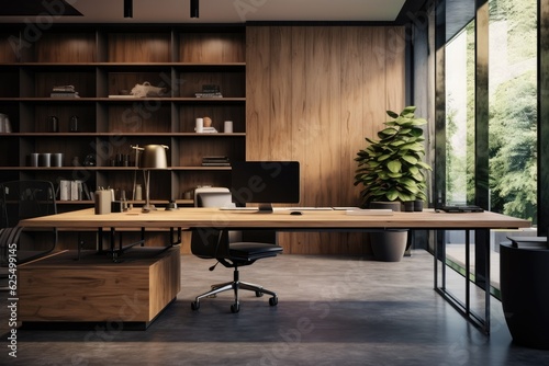 The office interior features a contemporary computer placed on a table, enhancing the overall aesthetic of the sleek and fashionable workplace atmosphere.