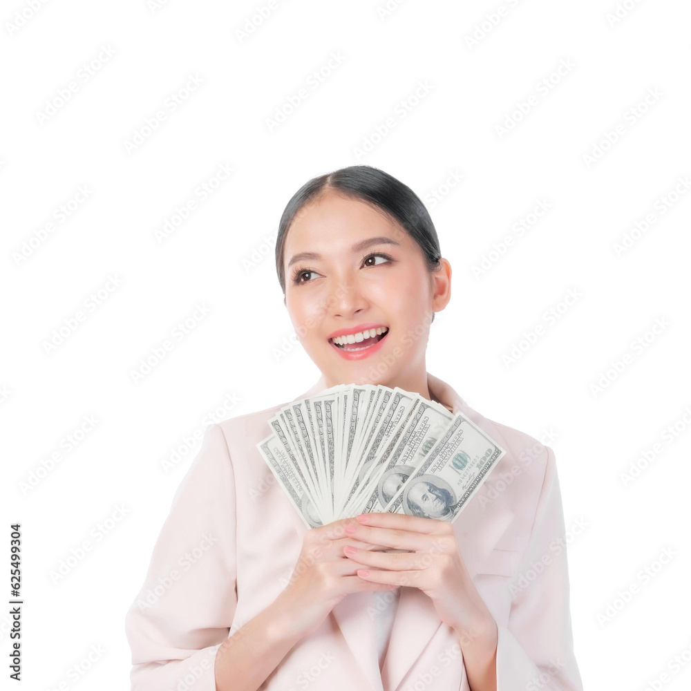 Successful beautiful Asian business young woman holding money US dollar bills in hand isolated on white background with copy space , business concept Successful beautiful Asian business young woman holding money US dollar bills in hand isolated on white background with copy space , business concept