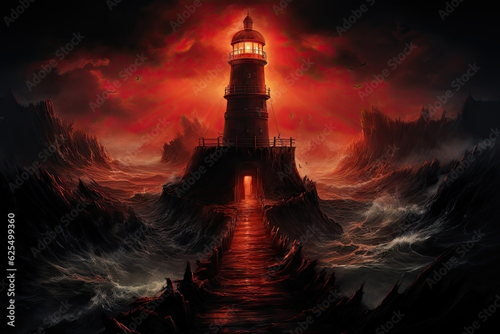 light house in a storm with red glow and red lighting - dark mood - horror fantasy movie - true nightmare -generative ai