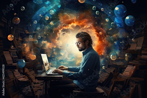 man working on desk with distractions thought bubbles around him -  productivity when focused - threat of procrastination - time management - generative ai photo