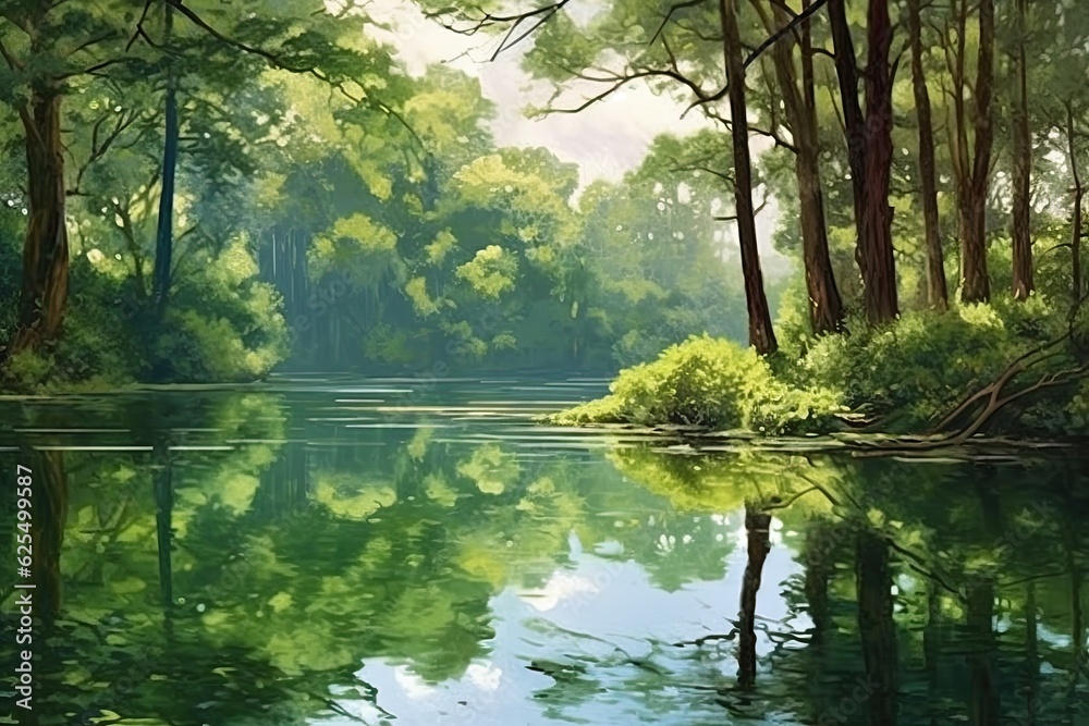 Fototapeta premium Lush Greenery and Serene Lake: Reflections of Calm in a Tranquil Background, generative AI