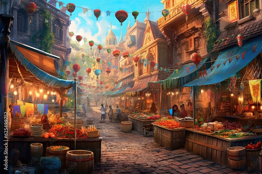 Colorful Street Market: Bustling Vendors and Aromatic Food - Uncovering Cultural Delights, generative AI