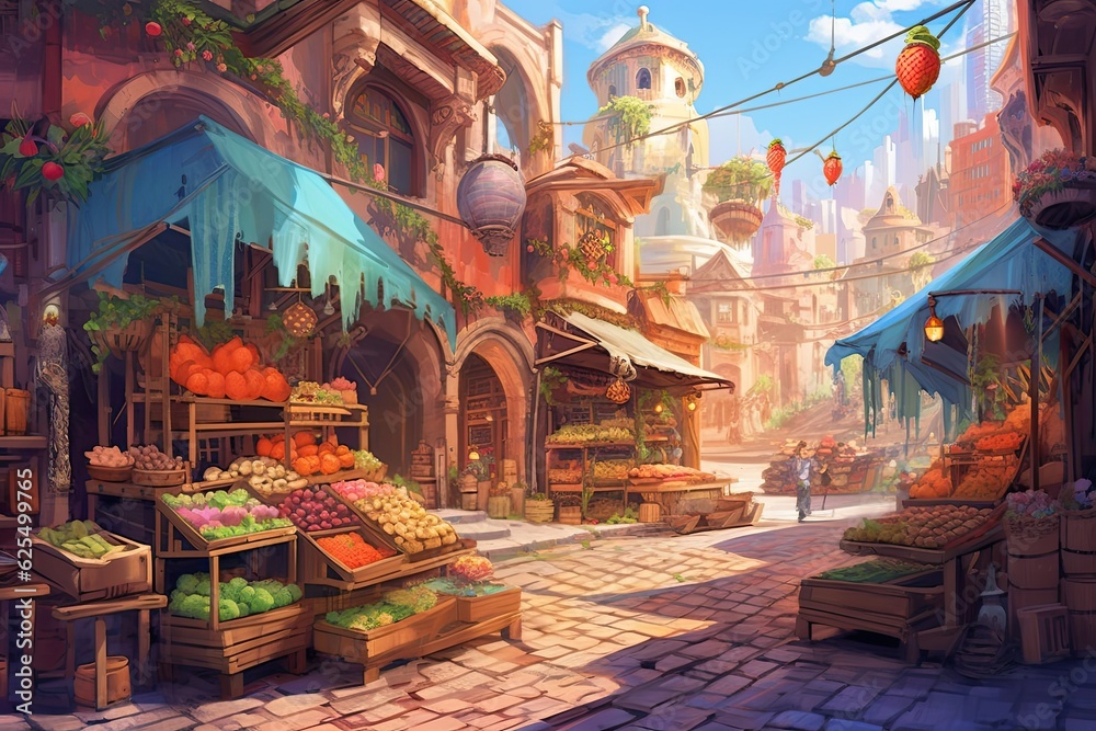 Colorful Street Market: Aromatic Food and Cultural Delights with Bustling Vendors, generative AI