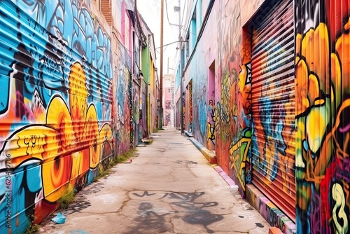 Colorful Urban Expression: Vibrant Street Art in Graffiti-Adorned Alley, generative AI © Michael