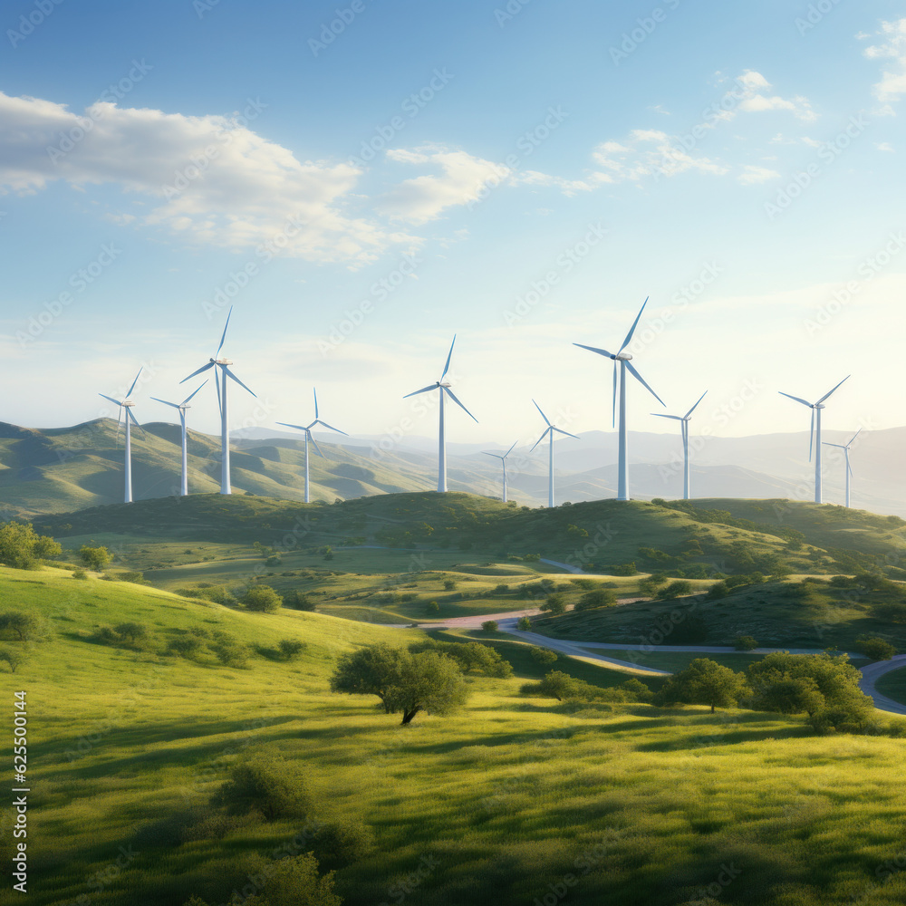 Obraz premium Vast wind farm set against a backdrop of rolling hills, with wind turbines harnessing the power of the wind to generate clean and renewable energy, demonstrating the potential of wind power