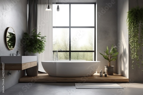 A gray bathroom with a concrete floor and a white bathtub with a sizable gray towel hanging from it. Above it is a window. corner planter with a potted plant. a mockup. Generative AI © Vusal