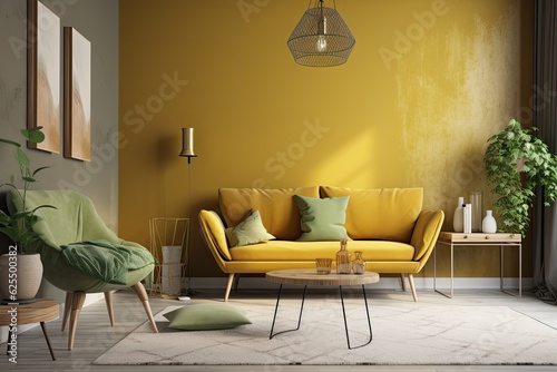 a living area with a yellow sofa and decorations against a mint wall. Generative AI © Lasvu