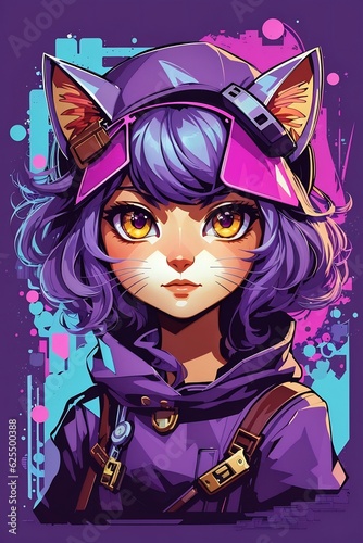 a spy anime cat girl with purple colour clothing style also using a hat