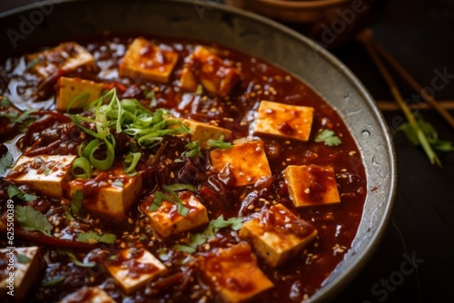 Mapo Doufu, with vibrant red spicy sauce, tofu cubes, and sprinkled with Szechuan peppercorns