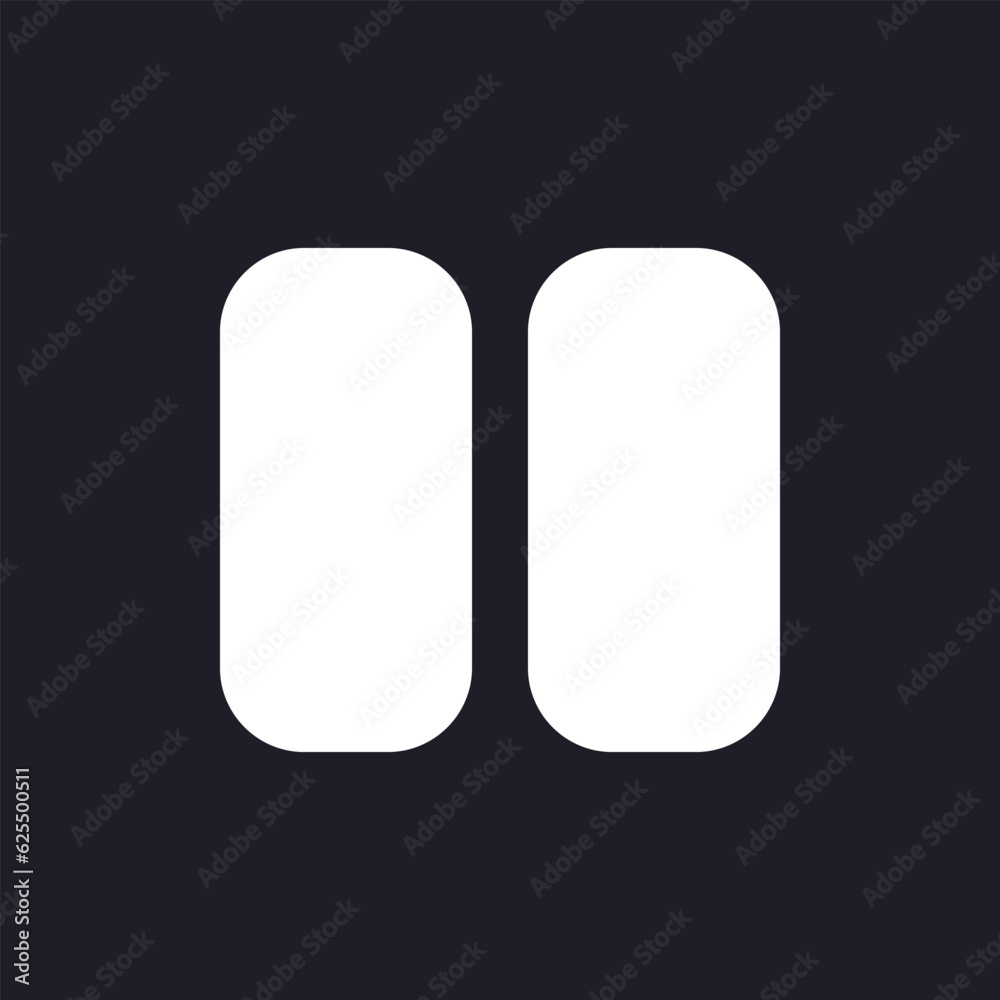 Pause dark mode glyph ui icon. Multimedia player control. User interface design. White silhouette symbol on black space. Solid pictogram for web, mobile. Vector isolated illustration