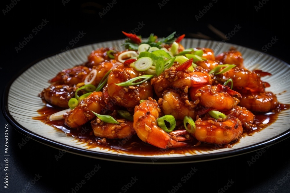 Szechuan Shrimp, plated neatly with a garnish of spring onions, served on a white plate against a dark background Szechuan Shrimp, plated neatly with a garnish of spring onions, served on a white plate against a dark background
