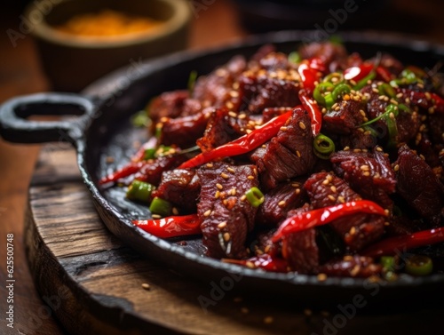 Spicy Cumin Beef presented on a dark wood surface, highlighting the vibrant colors and steamy texture, captured with a Point and Shoot camera, using a zoom lens --v 5.2 --ar 4:3