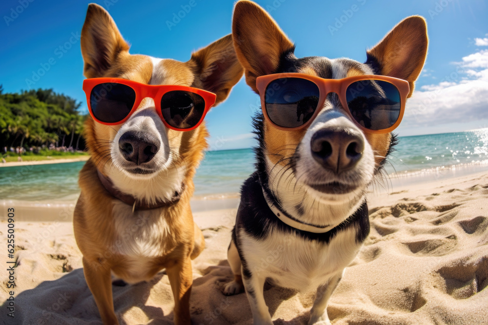 Two dogs are taking selfies on a beach earing sunglasses, sunny day with blue water, summer holiday