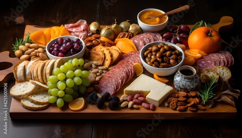 Food charcuterie board with meat, cheese and fruits, Generative AI
