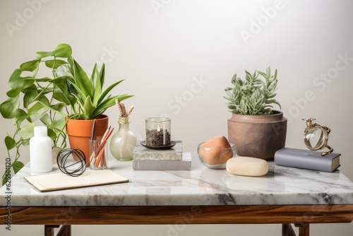 A mock up showcasing a marble table decorated with books  craft tools  pencils  and a houseplant. The desk serves as a workspace with ample empty space to display various products.