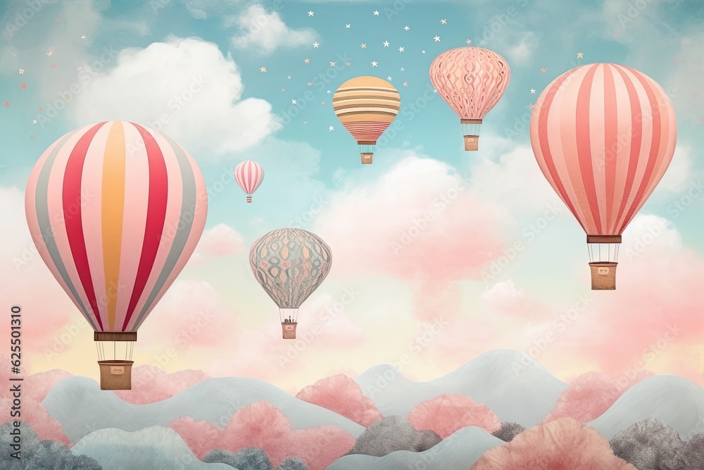 Obraz premium Playful Hot Air Balloons Floating in a Pastel Sky: A Whimsical Up, Up and Away Background, generative AI