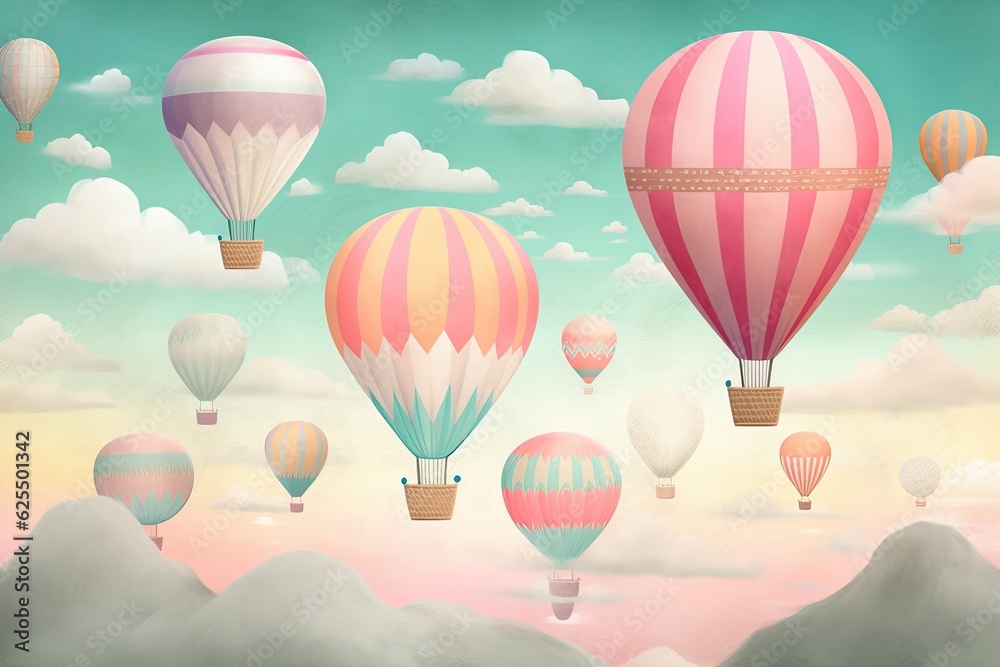 Obraz premium Playful Hot Air Balloons Floating in a Whimsical Pastel Sky: Up, Up, and Away, generative AI