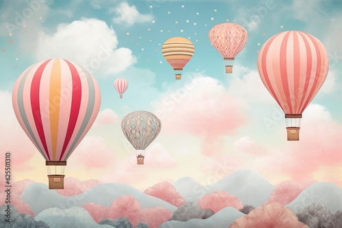 Playful Hot Air Balloons Floating in a Pastel Sky: A Whimsical Up, Up and Away Background, generative AI