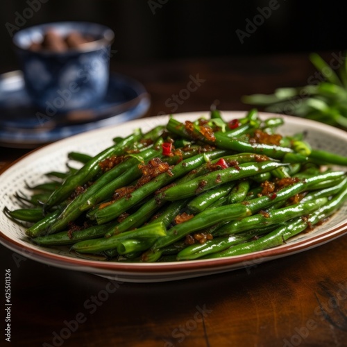 Sichuan Dry-Fried Green Beans, plated beautifully with garnished coriander leaves