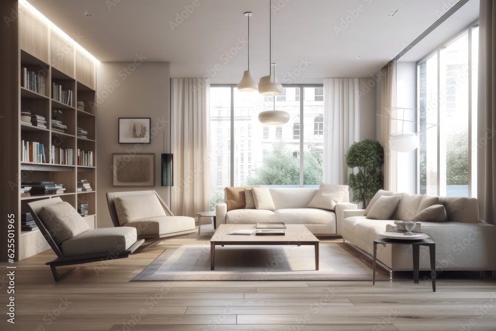 Fototapeta premium A light, contemporary living room with large windows is furnished with a beige sofa, chairs, a coffee table, a bookcase, and a lamp. hardwood flooring. Generative AI