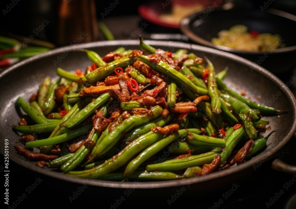 Sichuan Dry-Fried Green Beans showcasing the depth of its stir fried texture and colors Sichuan Dry-Fried Green Beans showcasing the depth of its stir fried texture and colors