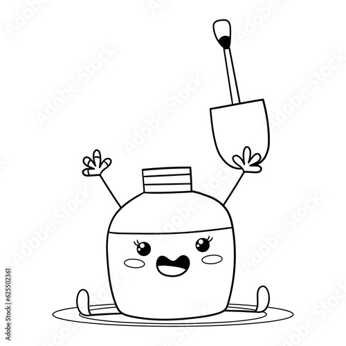 Illustration in black and white of a nude color nail lacquer bottle sitting and holding its brush, Kawaii style, design for t-shirt