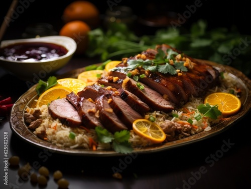 an Eight Treasure Duck, sliced open revealing various fillings, such as chestnuts and shrimp, plated elegantly with a side of fried rice and garnished with cilantro