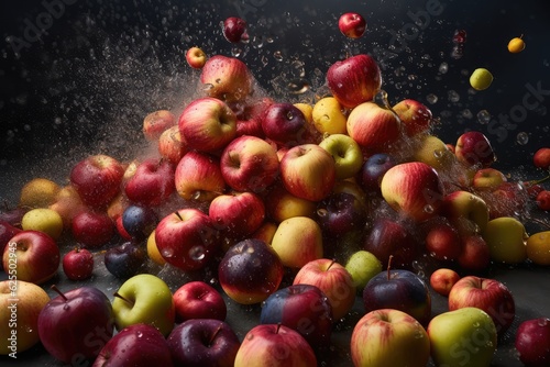 Apples Fall Down with Water Splashes, Abstract Generative AI Illustration