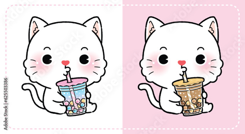 Little White Cat Drink Boba Milk Tea. Cute Cartoon Vector